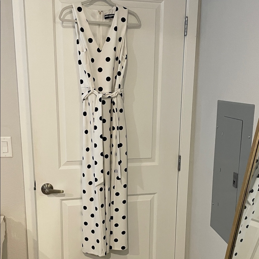 Karl Lagerfeld White and Black Polka Dot Sleeveless Jumpsuit